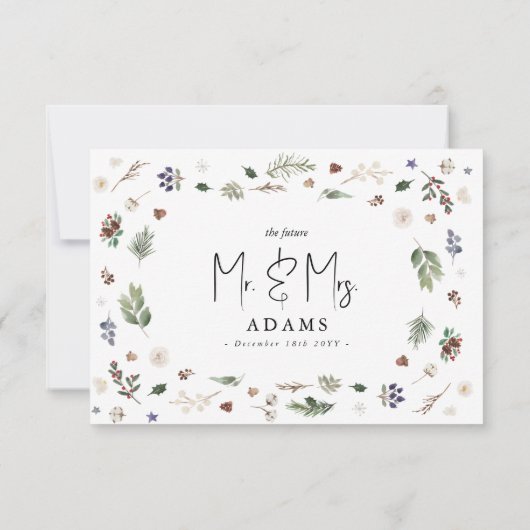 水彩冬のクリスマス 植物のウェディング 出欠カード (裏面)