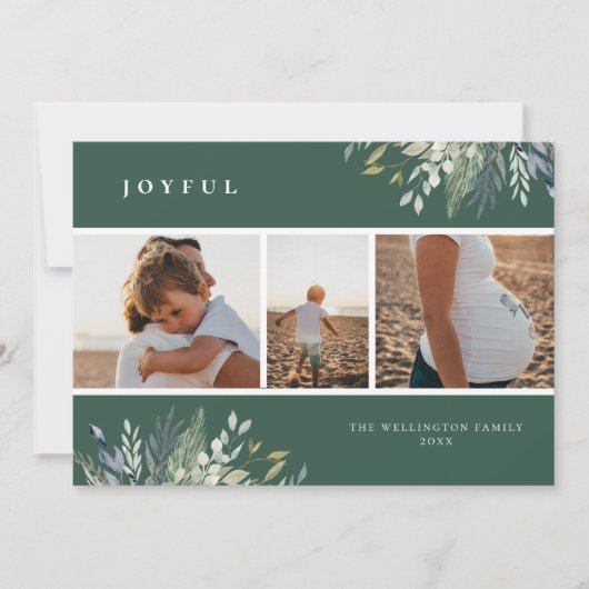 水彩冬のグリーン ホリデー フォト コラージュ シーズンカード (正面)