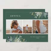 水彩冬のグリーン ホリデー フォト コラージュ シーズンカード (正面/裏面)