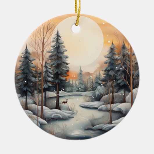 水彩冬のシーンにメッセージを追加クリスマス セラミックオーナメント (正面)