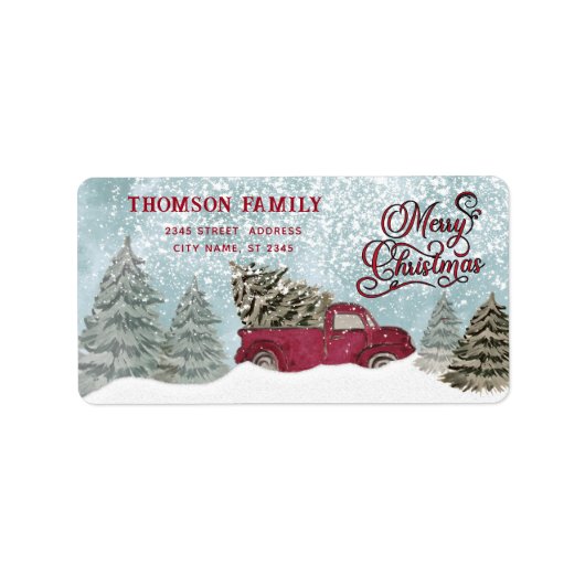 水彩冬のシーン赤いトラックのクリスマス ラベル (正面)