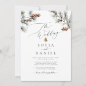 水彩冬のトウヒ小枝パインコーン結婚ズ 招待状 (正面)