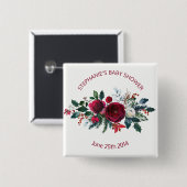 水彩冬のバーガンディ花ベビーシャワー 缶バッジ (正面&裏面)