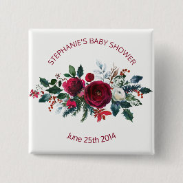 水彩冬のバーガンディ花ベビーシャワー 缶バッジ