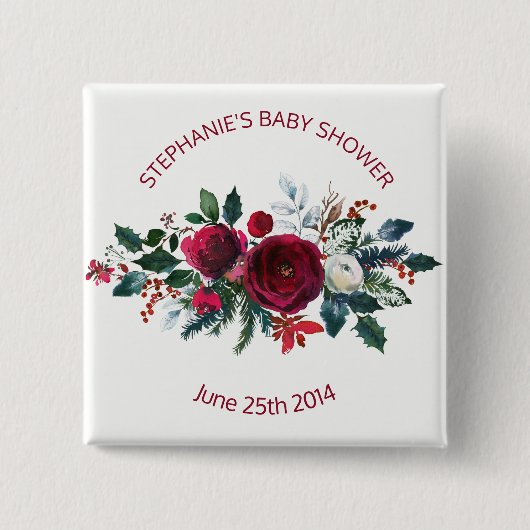 水彩冬のバーガンディ花ベビーシャワー 缶バッジ (正面)