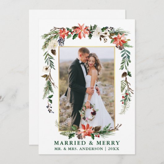 水彩冬のフローラと結婚した緑メリー色 シーズンカード (正面/裏面)