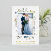 水彩冬のフローラほこりっぽい青の新しい金ゴールド 箔シーズンカード (立ち正面)