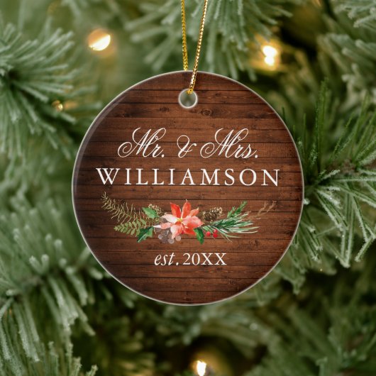 水彩冬のフローラウッドフォトバック セラミックオーナメント (ツリー)