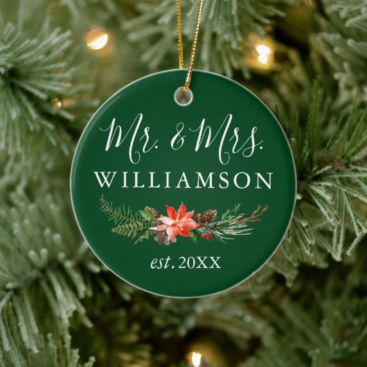 水彩冬のフローラグリーンフォトバック セラミックオーナメント (ツリー)