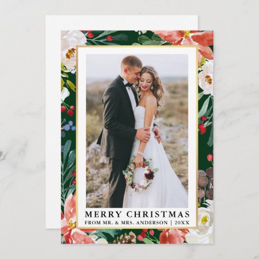 水彩冬のフローラグリーン新婚クリスマス シーズンカード (正面/裏面)