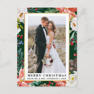 水彩冬のフローラグリーン新婚クリスマス ポストカード