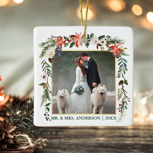 水彩冬のフローラグリーン金ゴールド結婚の写真 セラミックオーナメント