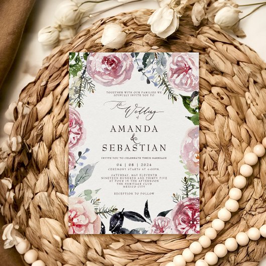 水彩冬のフローラピンクフレームウェディングパーティー 招待状