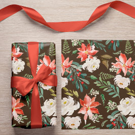 水彩冬のフローラホリーベリーパターンブラウン ラッピングペーパー