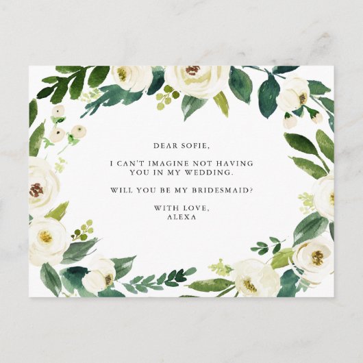 水彩冬のフローラリースは私のブライドメイド 案内ポストカード (裏面)