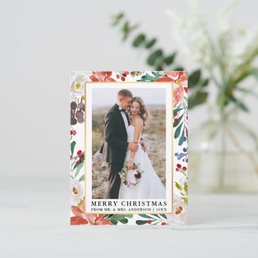 水彩冬のフローラ新婚クリスマス ポストカード (スタンド正面)