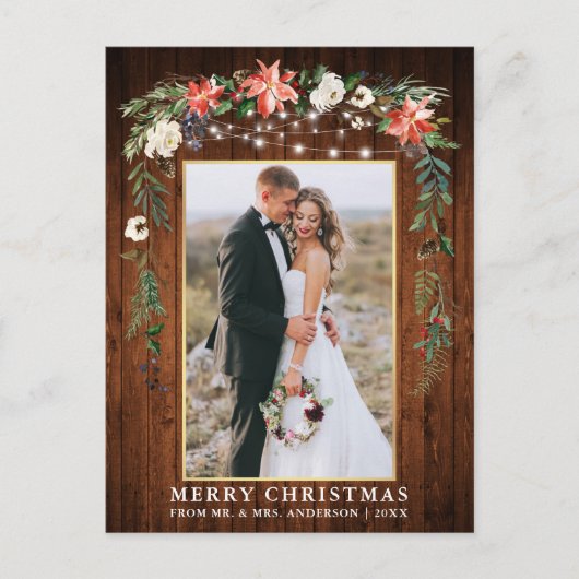 水彩冬のフローラ木材金ゴールドクリスマス ポストカード (正面)