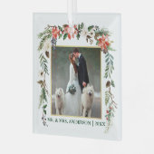 水彩冬のフローラ緑の金ゴールド結婚の写真 ガラスオーナメント (正面左)