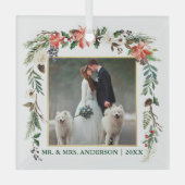 水彩冬のフローラ緑の金ゴールド結婚の写真 ガラスオーナメント (正面)