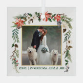 水彩冬のフローラ緑の金ゴールド結婚の写真 ガラスオーナメント (裏面)