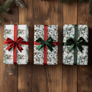 水彩冬のフローラ花クリスマス ラッピングペーパーシート