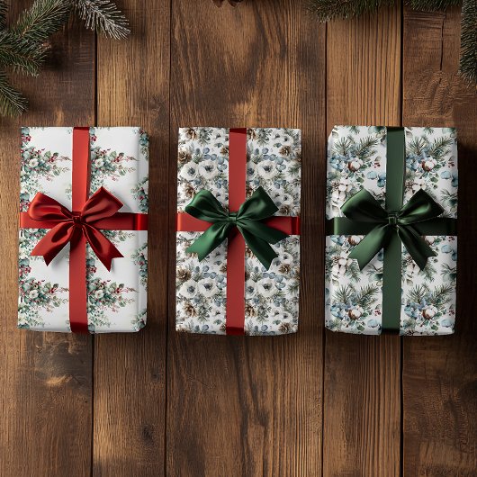 水彩冬のフローラ花クリスマス ラッピングペーパーシート
