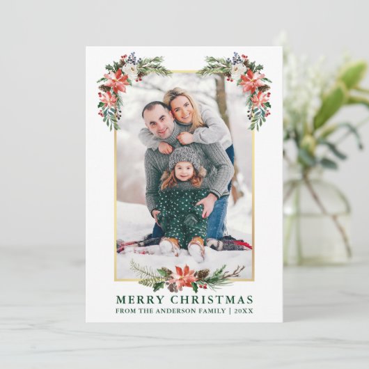 水彩冬のフローラ金ゴールドフレームフォトグリーン シーズンカード (スタンド正面)