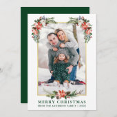 水彩冬のフローラ金ゴールドフレームフォトグリーン シーズンカード (正面/裏面)