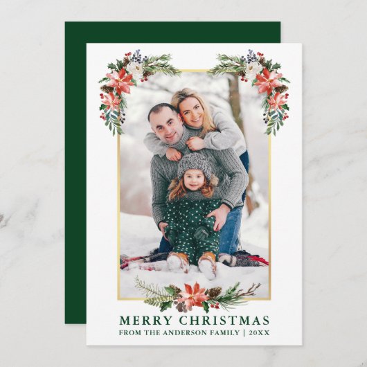 水彩冬のフローラ金ゴールドフレームフォトグリーン シーズンカード (正面/裏面)