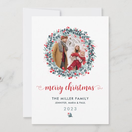 水彩冬のベリーグリーンリース写真 シーズンカード (正面)