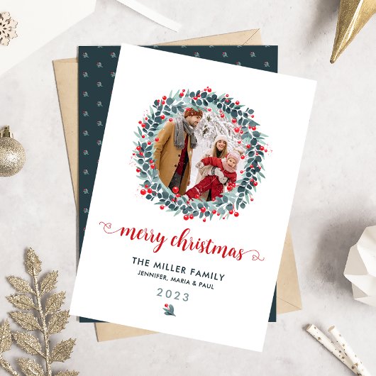 水彩冬のベリーグリーンリース写真 シーズンカード