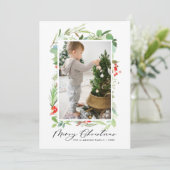 水彩冬のベリーグリーン写真クリスマス シーズンカード (スタンド正面)
