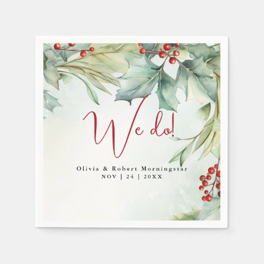 水彩冬のホリーとベリー スタンダードカクテルナプキン (正面)