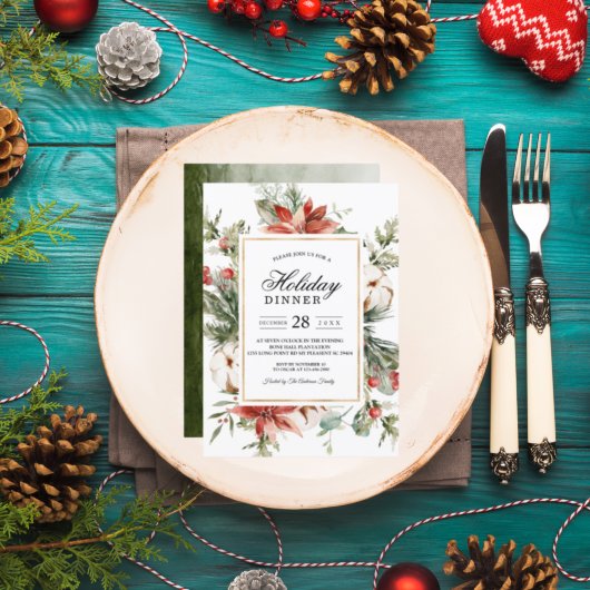 水彩冬のポインセチアと緑の松の木 招待状