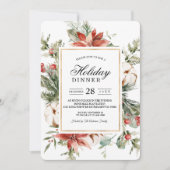 水彩冬のポインセチアと緑の松の木 招待状 (正面)