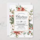水彩冬のポインセチアと緑の松の木I 招待状 (正面)