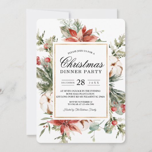 水彩冬のポインセチアと緑の松の木I 招待状 (正面)