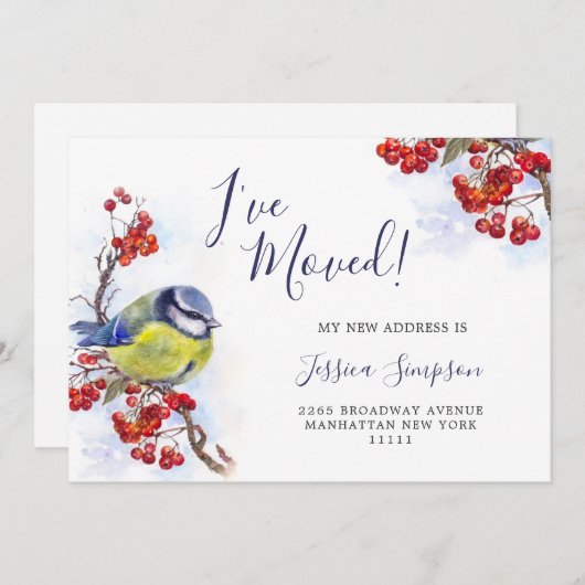 水彩冬のレッドベリーティットバードムービング 案内状 (正面/裏面)