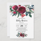 水彩冬のワインレッドの花のベイビーシャワー 招待状 (正面)