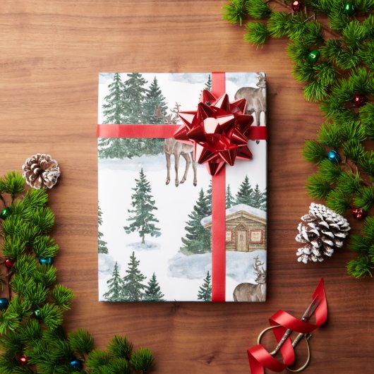 水彩冬の不思議な世界　素朴な納屋のクリスマス ラッピングペーパー (クリスマスギフト)