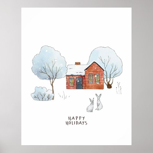 水彩冬の動物と家 ポスター (正面)