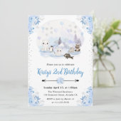 水彩冬の北極動物の誕生日パーティー 招待状 (スタンド正面)