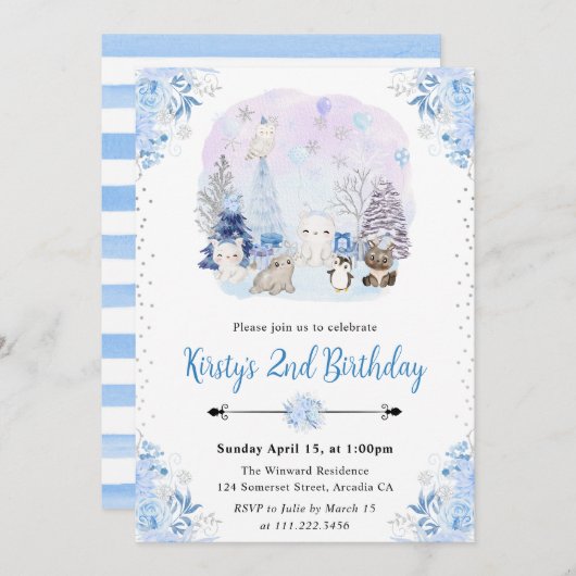 水彩冬の北極動物の誕生日パーティー 招待状 (正面/裏面)