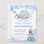 水彩冬の北極動物子供の誕生日 招待状 (正面)