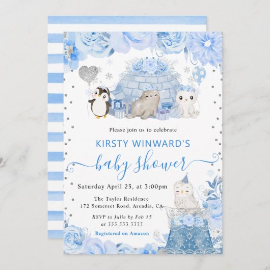 水彩冬の北極動物赤ちゃんシャワー 招待状 (正面/裏面)