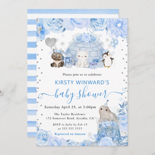 水彩冬の北極動物赤ちゃんシャワー 招待状 (正面/裏面)