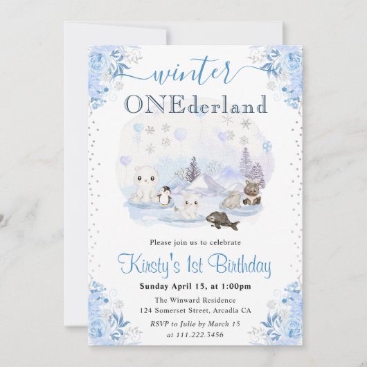 水彩冬の北極動物1st誕生日 招待状 (正面)