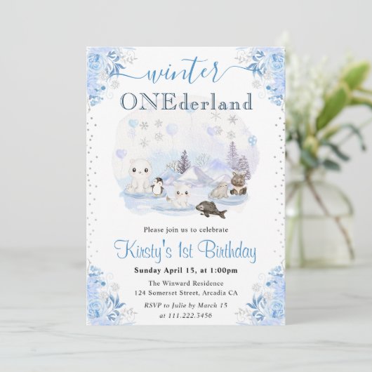 水彩冬の北極動物1st誕生日 招待状 (スタンド正面)
