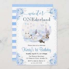水彩冬の北極動物1st誕生日 招待状