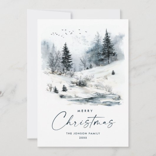 水彩冬の国の風景クリスマス シーズンカード (正面)